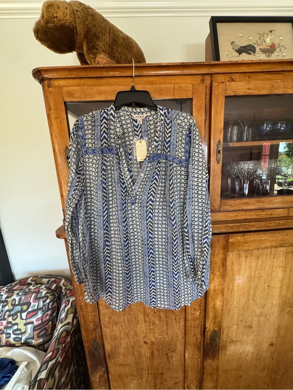 Lucky Brand Blue V-Neck Peasant Blouse w/ beaded accents sz 2X NWT